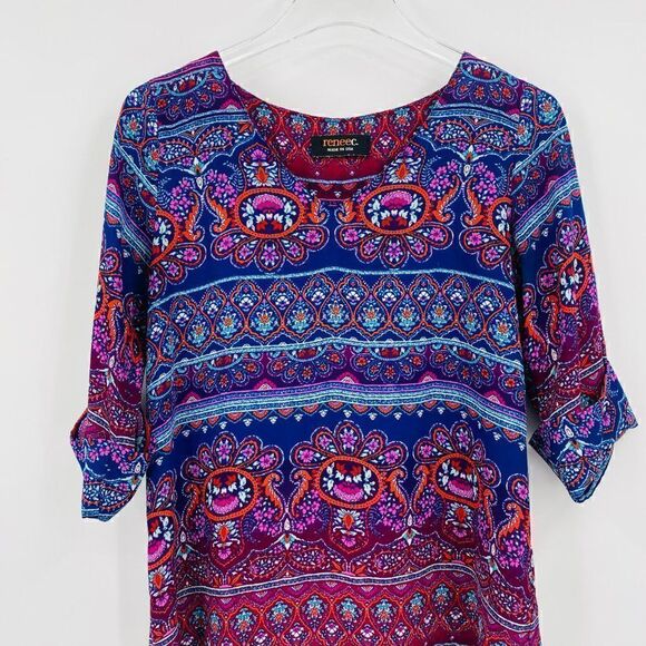 Renee C Size Small Blue & Pink Boho Print V Neck Hi Low 3/4 Sleeve Blouse Top - Picture 2 of 10